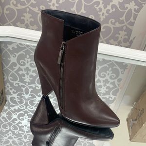 Selena Pointed Toe Cone High Heel Ankle Boot in Coffee Faux Leather